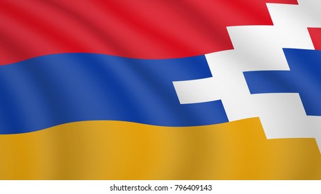 Realistic waving flag of Artsakh. Current national flag of Nagorno-Karabakh Republic. Illustration of lying wavy shaded flag of Republic of Artsakh country. Background with artsakh flag.