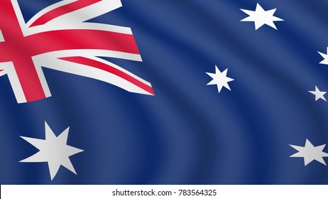 Realistic waving flag of Australia. Current national flag of Commonwealth of Australia. Illustration of lying wavy shaded flag of Australia country. Background with aussie flag.