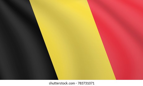 Realistic waving flag of Belgium. Current national flag of Kingdom of Belgium. Illustration of lying wavy shaded flag of Belgium country. Background with belgian flag.