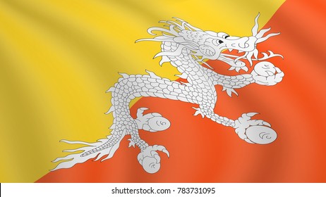 Realistic waving flag of Bhutan. Current national flag of Kingdom of Bhutan. Illustration of lying wavy shaded flag of Bhutan country. Background with bhutanese flag.