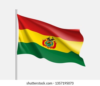 Realistic waving flag of Bolivia. Illustration of South America country flag on flagpole. Vector 3d icon isolated on white background