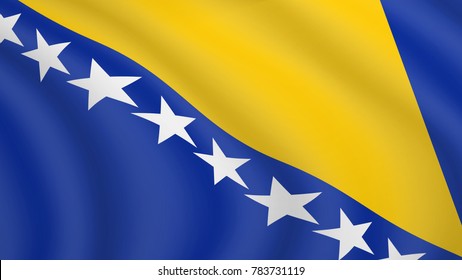 Realistic waving flag of Bosnia and Herzegovina. Current national flag of Bosnia. Illustration of lying wavy shaded flag of B&H country. Background with bosnian, herzegovinian flag.