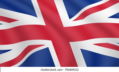 Realistic waving flag of Britain. Current national flag of United Kingdom of Great Britain and Northern Ireland. Illustration of lying wavy shaded flag of UK country. Background with british flag.
