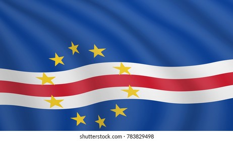 Realistic waving flag of Cape Verde. Current national flag of Republic of Cabo Verde. Illustration of lying wavy shaded flag of Cabo Verde country. Background with cape verdean flag.