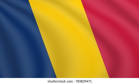 Realistic waving flag of Chad. Current national flag of Republic of Chad. Illustration of lying wavy shaded flag of Chad country. Background with chadian flag.