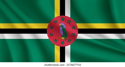 Realistic waving flag of Dominica vector background.