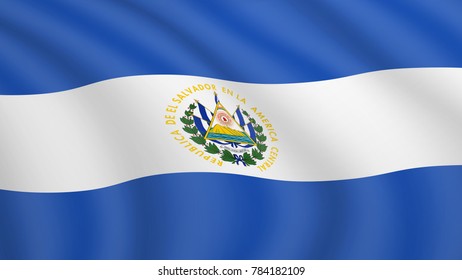 Realistic waving flag of El Salvador. Current national flag of Republic of El Salvador. Illustration of wavy shaded flag of El Salvador. Background with salvadoran flag. Land of Arrogant Volcanoes.