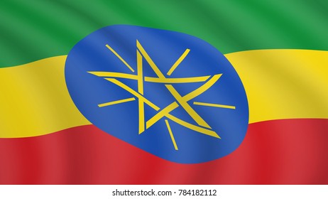 Realistic waving flag of Ethiopia. Current national flag of Federal Democratic Republic of Ethiopia. Illustration of lying wavy shaded flag of Ethiopia country. Background with ethiopian flag.