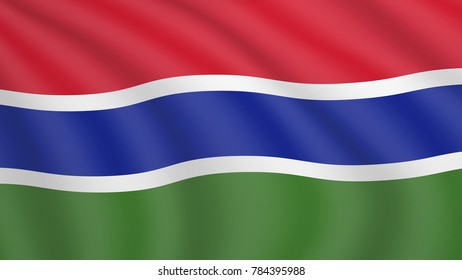 Realistic waving flag of The Gambia. Current national flag of Republic of The Gambia. Illustration of lying wavy shaded flag of The Gambia country. Background with gambian flag.