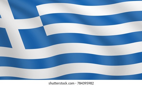 Realistic waving flag of Greece. Current national flag of Hellenic Republic. Illustration of wavy shaded flag of Hellas country. Background with greek flag. The Blue and White. The Azure and White.