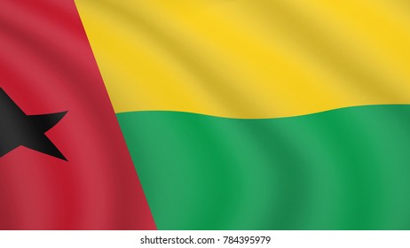 Realistic waving flag of Guinea-Bissau. Current national flag of Republic of Guinea-Bissau. Illustration of lying wavy shaded flag of Guinea-Bissau country. Background with bissau-guinean flag.
