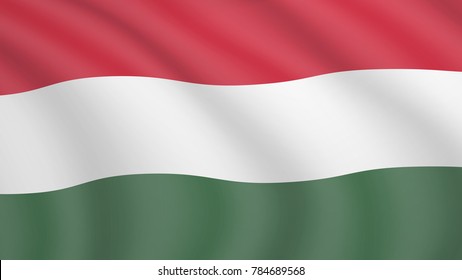 Realistic waving flag of Hungary. Current national flag of Hungary. Illustration of lying wavy shaded flag of Hungary country. Background with hungarian flag.