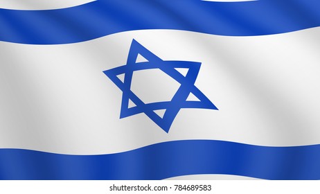 Realistic waving flag of Israel. Current national flag of State of Israel. Illustration of lying wavy shaded flag of Israel country. Background with israeli flag.