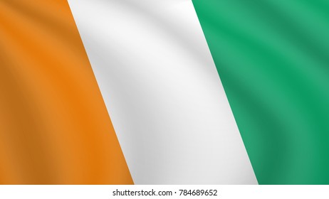 Realistic waving flag of Ivory Coast. Current national flag of Republic of Côte d'Ivoire. Illustration of lying wavy shaded flag of Côte d'Ivoire country. Background with ivorian flag.