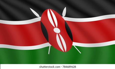 Realistic waving flag of Kenya. Current national flag of Republic of Kenya. Illustration of lying wavy shaded flag of Kenya country. Background with Kenyan flag.