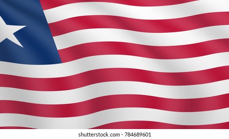 Realistic waving flag of Liberia. Current national flag of Republic of Liberia. Illustration of lying wavy shaded flag of Liberia country. Background with liberian flag.