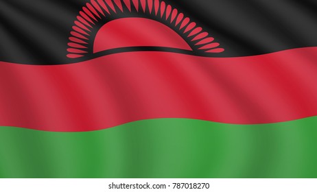 Realistic waving flag of Malawi. Current national flag of Republic of Malawi. Illustration of lying wavy shaded flag of Malawi country. Background with malawian flag. The Warm Heart of Africa.
