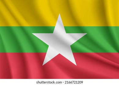 Realistic waving flag of Myanmar vector background.