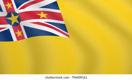 Realistic waving flag of Niue. Current national flag of Niue. Illustration of lying wavy shaded flag of Niue country. Background with niuean flag.