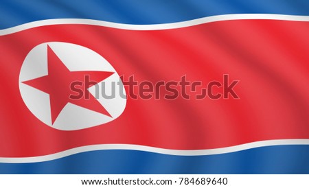 Realistic waving flag of North Korea. Current national flag of Democratic People's Republic of Korea. Illustration of lying wavy shaded flag of DPRK country. Background with north korean flag.