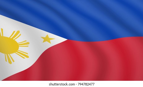 Realistic waving flag of Philippines. Current national flag of Republic of the Philippines. Illustration of wavy shaded flag of Philippines country. Background with philippine flag.
