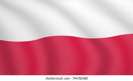 Realistic waving flag of Poland. Current national flag of Republic of Poland. Illustration of wavy shaded flag of Poland country. Background with polish flag.