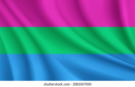 Realistic waving flag of Polysexual Pride vector background.