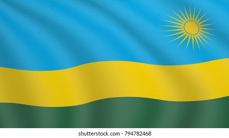 Realistic waving flag of Rwanda. Current national flag of Republic of Rwanda. Illustration of wavy shaded flag of Rwanda country. Background with rwandan flag.