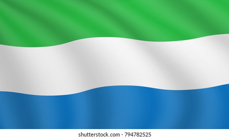 Realistic waving flag of Sierra Leone. Current national flag of Republic of Sierra Leone. Illustration of wavy shaded flag of Sierra Leone country. Background with sierra leonean flag.