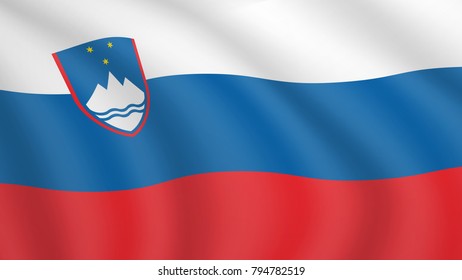 Realistic waving flag of Slovenia. Current national flag of Republic of Slovenia. Illustration of wavy shaded flag of Slovenia country. Background with slovenian flag.