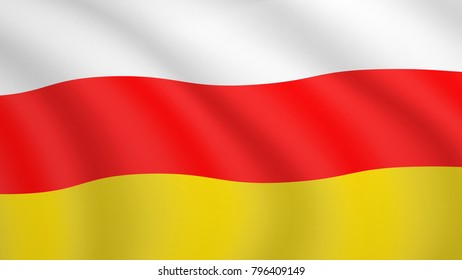 Realistic waving flag of South Ossetia. Current national flag of Tskhinvali Region. Illustration of lying wavy shaded flag of South Ossetia country. Background with Tskhinvali flag.