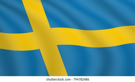 Realistic waving flag of Sweden. Current national flag of Kingdom of Sweden. Illustration of wavy shaded flag of Sweden country. Background with 	
swedish flag.