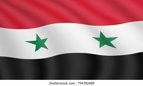 Realistic waving flag of Syria. Current national flag of Syrian Arab Republic. Illustration of wavy shaded flag of Syria country. Background with syrian flag.