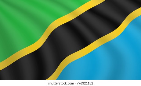 Realistic waving flag of Tanzania. Current national flag of United Republic of Tanzania. Illustration of lying wavy shaded flag of Tanzania country. Background with tanzanian flag.
