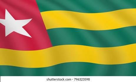 Realistic waving flag of Togo. Current national flag of Togolese Republic. Illustration of lying wavy shaded flag of Togo country. Background with togolese flag.