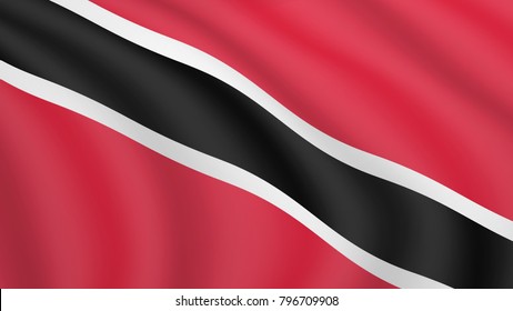 Realistic waving flag of Trinidad and Tobago. Current national flag of Trinidad and Tobago. Illustration of lying wavy shaded flag of Trinidad and Tobago country. The Sun-Sea-Sand Banner.