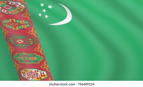 Realistic waving flag of Turkmenistan. Current national flag of Turkmenistan. Illustration of lying wavy shaded flag of Turkmenia country. Background with 	turkmen flag.