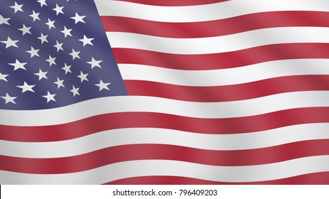 Realistic Waving Flag Of United States. Current National Flag Of United States Of America. Illustration Of Lying Wavy Shaded Flag Of America (US) Country. Background With American Flag. Old Glory.