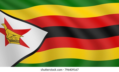 Realistic waving flag of Zimbabwe. Current national flag of Zimbabwe. Illustration of lying wavy shaded flag of Zimbabwe country. Background with zimbo, zimbabwean flag.