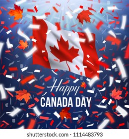 Realistic waving National flag of Canada. Red, white, blue design with blurred rays and colorful flying confetti, maple leaves and text Happy Canada Day.