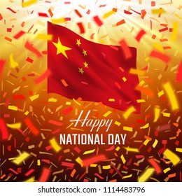 Realistic waving National flag of Chine. Red, yellow, black design with blurred rays and colorful flying confetti and text Happy National Day.