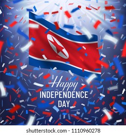 Realistic waving National flag of North Korea. Red, white, blue design with blurred rays and colorful flying confetti.