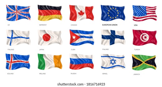 Realistic waving national flags. Flags with inscription countries names realistic. Official symbol of countries. National flags of the countries of the world. Vector illustration