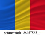 Realistic waving Romania national flag. Patriotic Romania flag symbol on wavy silk fabric