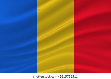 Realistic waving Romania national flag. Patriotic Romania flag symbol on wavy silk fabric