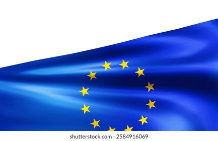 Realistic wavy European Union flag isolated on white background. Yellow EU stars in circle on blue flag. Symbol of Europe. 3d vector illustration