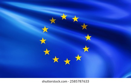 Realistic wavy European Union flag closeup. Yellow EU stars in circle on blue flag. Symbol of Europe. 3d vector illustration