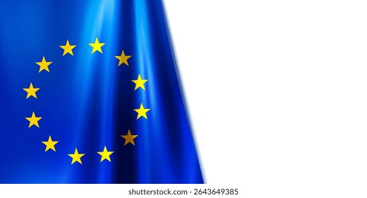 Realistic wavy European Union flag isolated on white background. Yellow EU stars in circle on blue flag. Symbol of Europe. 3d vector illustration