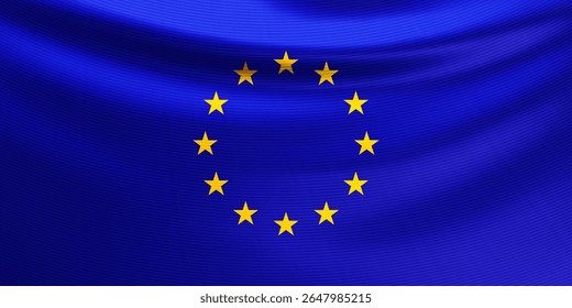 Realistic wavy European Union flag closeup. Yellow EU stars in circle on blue flag. Symbol of Europe. 3d vector illustration