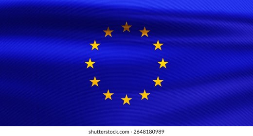 Realistic wavy European Union flag. Yellow EU stars in circle on blue flag. 3d vector illustration